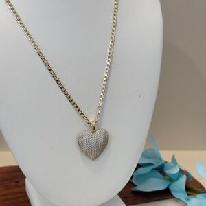 14k Gold Plated Chain Necklace Heart Pendant Cuban Link 20''